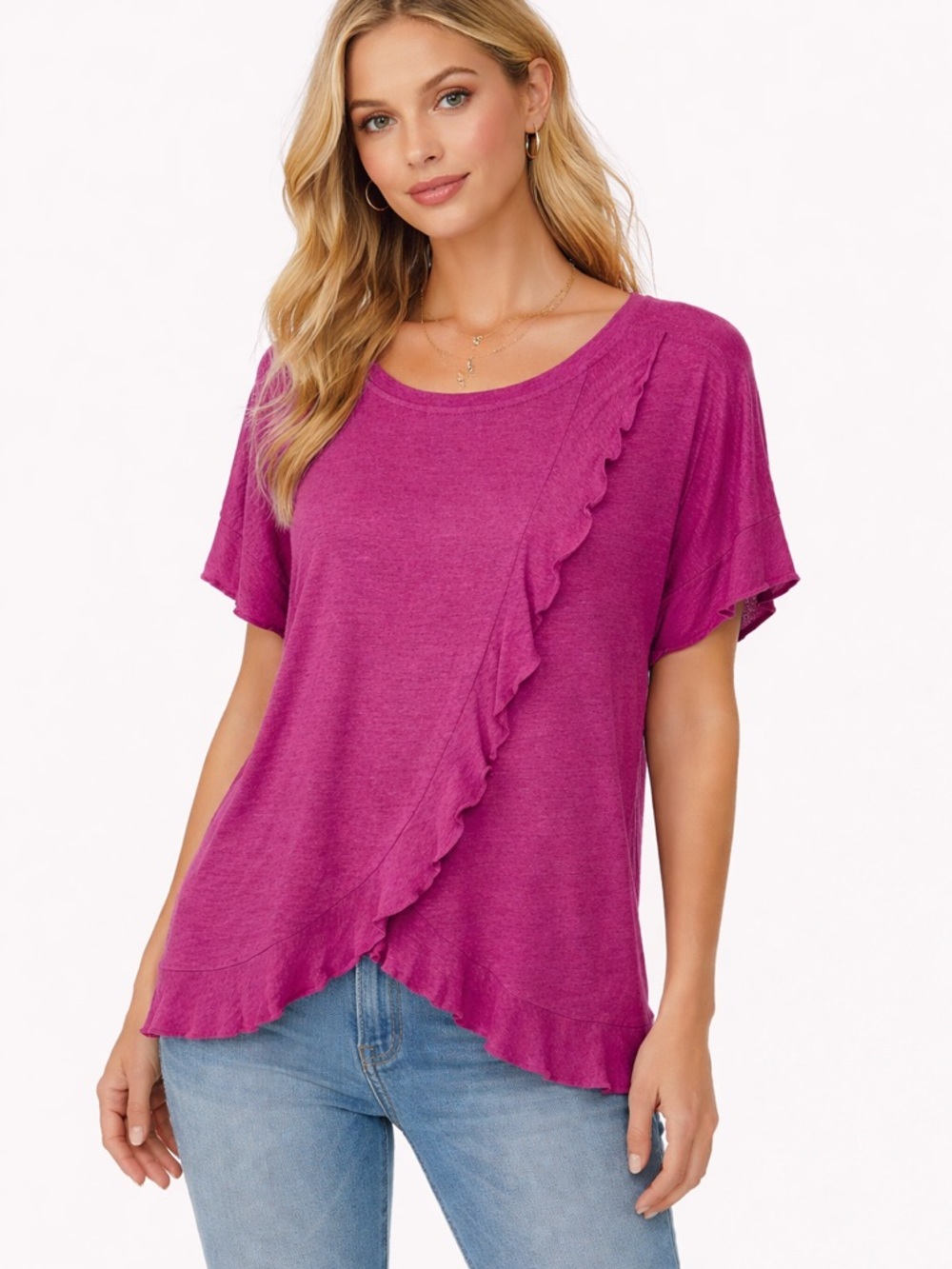 Anthropologie eri + ali Crossback Ruffle Top 100% Linen Raspberry Size XS